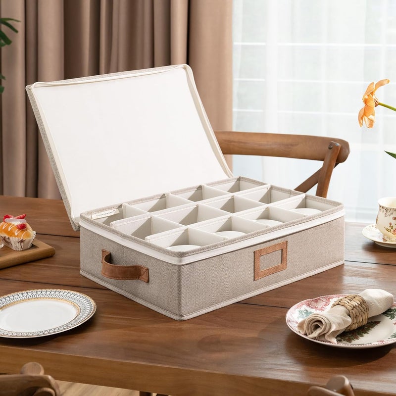 StorageWorks China Storage Container, Stackable Mug Storage Box with Dividers, Stemware Storage Cases, Hard Shell China Cup Organizer, Holds 12 Tea Cups and Coffee Mug, 1 Pack, Brown and Beige - Image 2